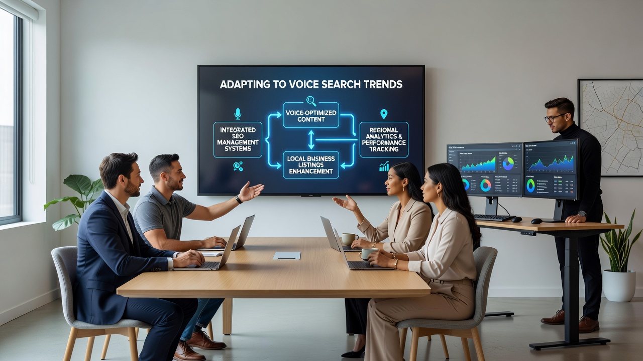 Team collaborating on SEO strategy adjustments for voice search in a regional office setting